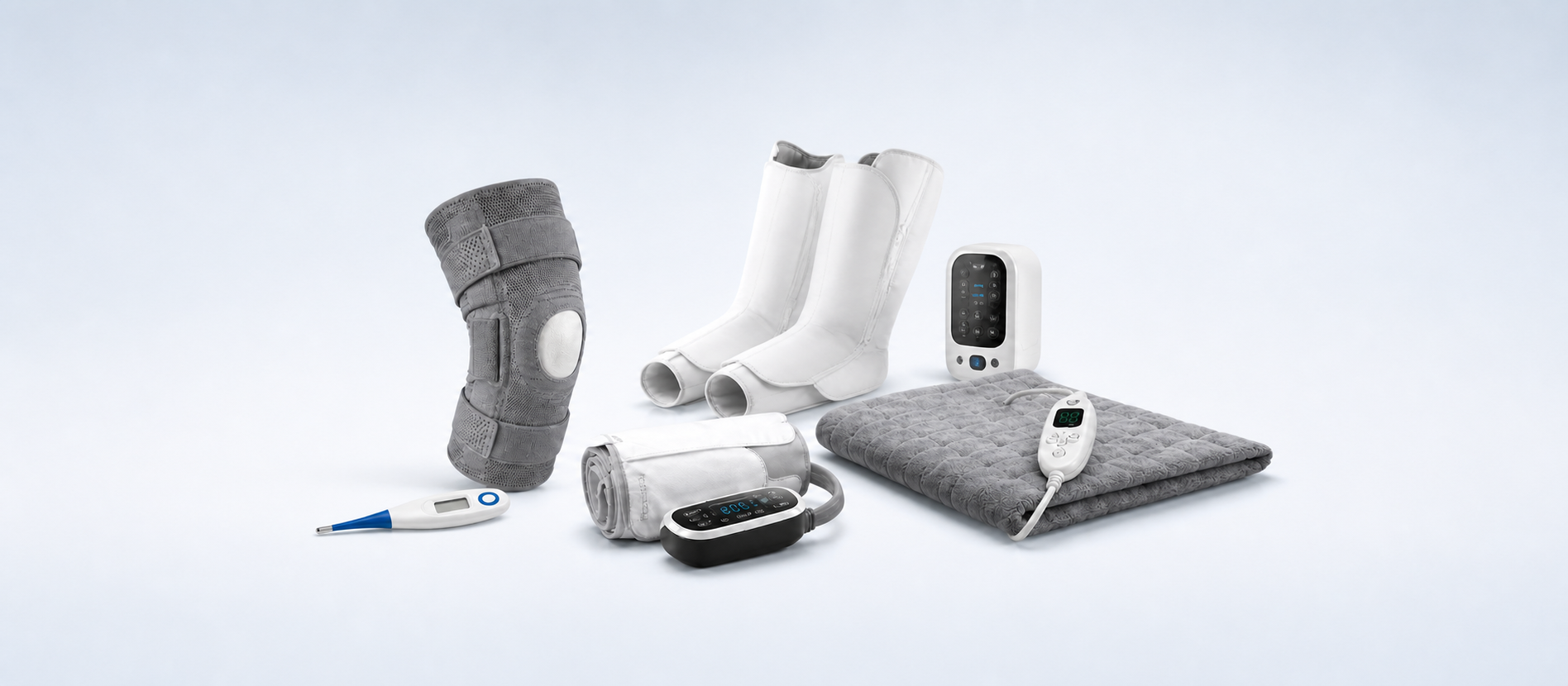 Knee support, thermometer, heating pad, blood-pressure monitor, and compression recovery equipment